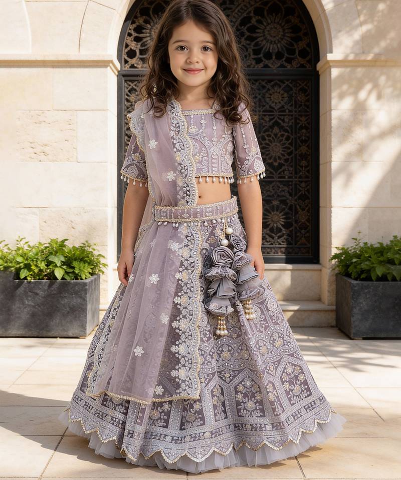 Lilac Embroidered Net Lehenga Set