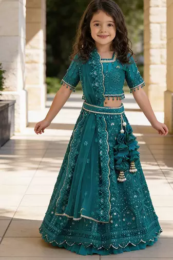 Teal Blue Embroidered Net Lehenga Set