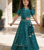 Teal Blue Embroidered Net Lehenga Set