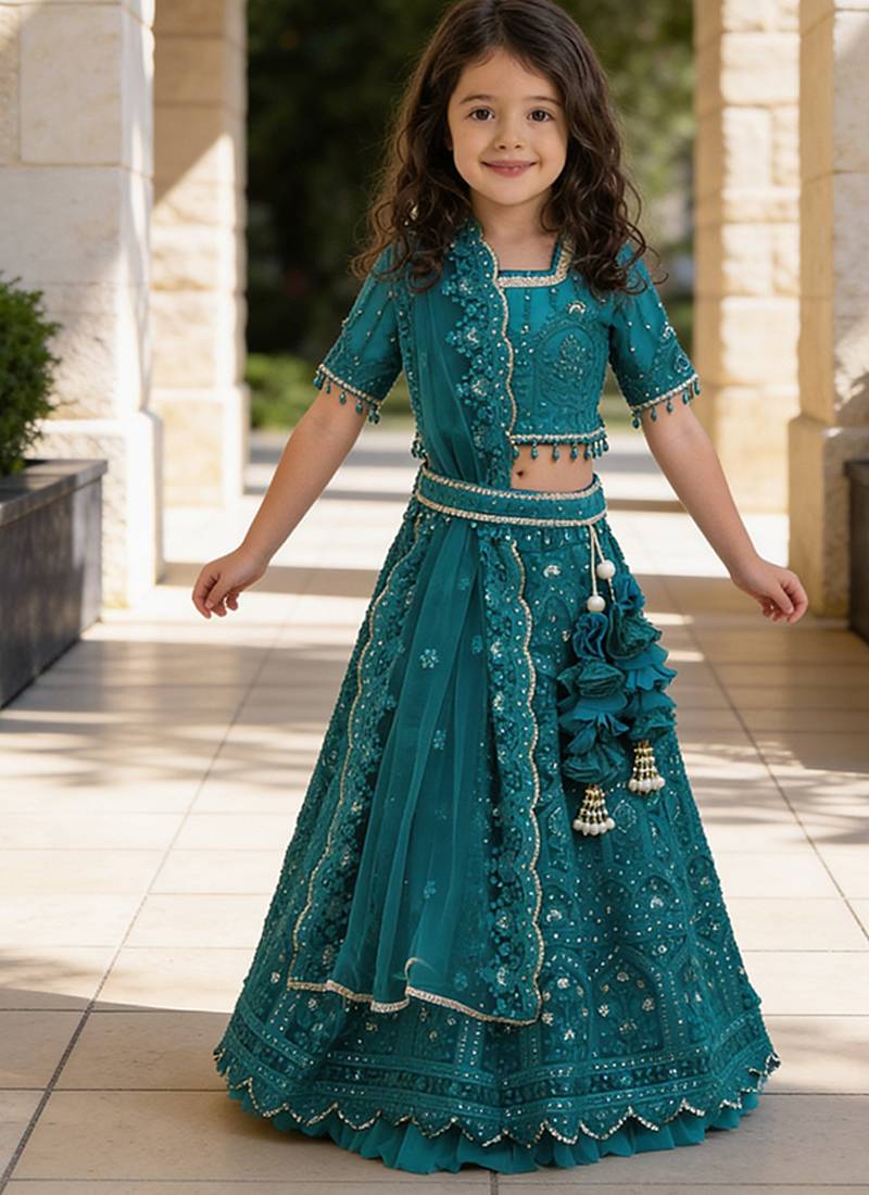 Teal Blue Embroidered Net Lehenga Set