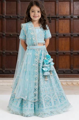 Sky Blue Embroidered Net Lehenga Set