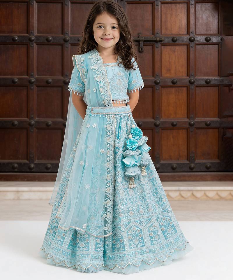 Sky Blue Embroidered Net Lehenga Set