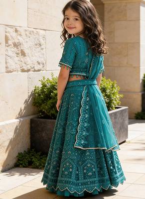 Teal Blue Embroidered Net Lehenga Set 2