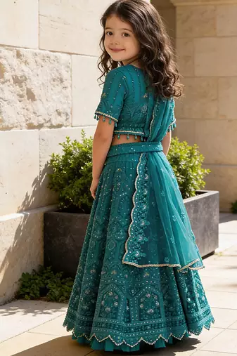 Teal Blue Embroidered Net Lehenga Set