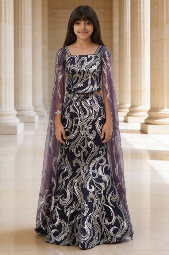 Deep Grey Embroidered Net Lehenga Set