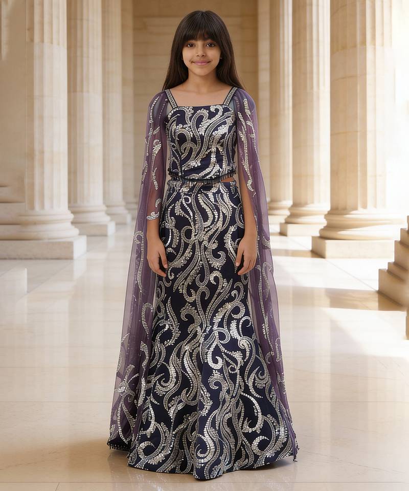 Deep Grey Embroidered Net Lehenga Set