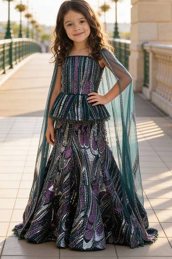 Purple Embroidered Net Lehenga Set