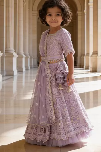 Lilac Embroidered Net Lehenga Set