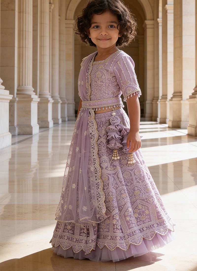 Lilac Embroidered Net Lehenga Set