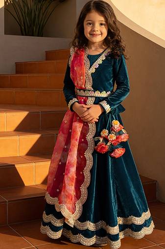 Teal Blue Embroidered Velvet Lehenga Set