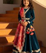 Teal Blue Embroidered Velvet Lehenga Set