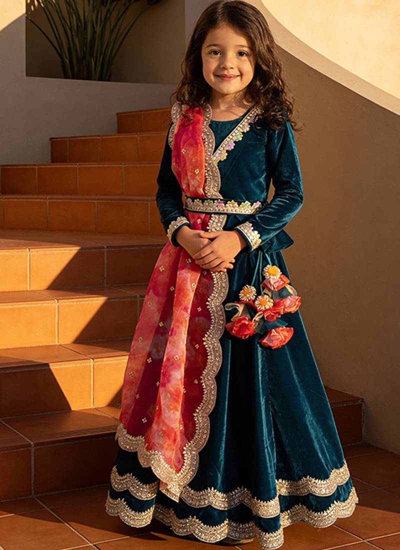 Teal Blue Embroidered Velvet Lehenga Set