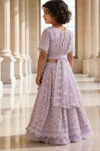 Lilac Embroidered Net Lehenga Set
