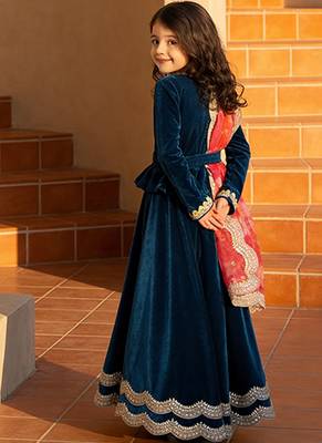 Teal Blue Embroidered Velvet Lehenga Set 2