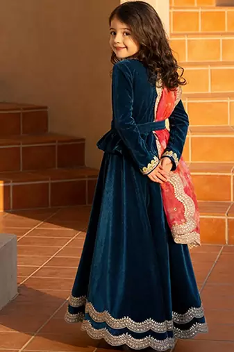 Teal Blue Embroidered Velvet Lehenga Set
