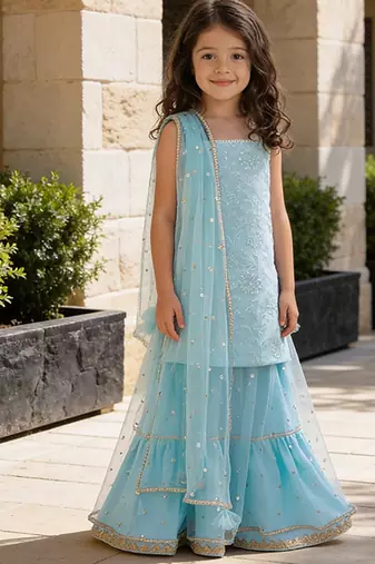 Sky Blue Embroidered Georgette Lehenga Set