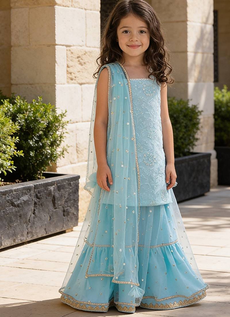 Sky Blue Embroidered Georgette Lehenga Set