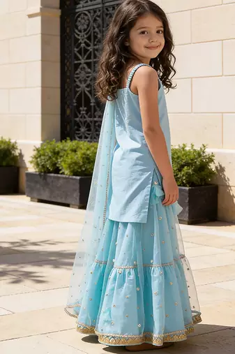 Sky Blue Embroidered Georgette Lehenga Set