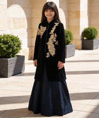 Blue Embroidered Velvet Lehenga Set 1