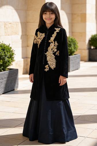 Blue Embroidered Velvet Lehenga Set