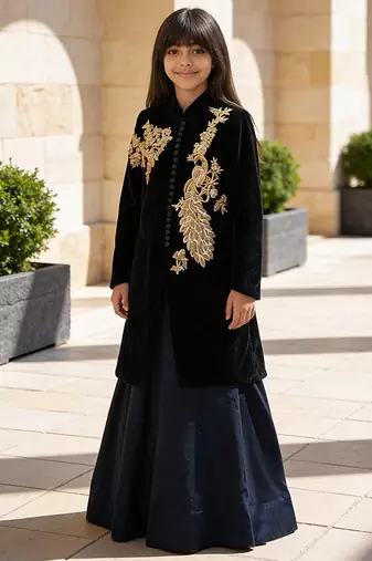 Blue Embroidered Velvet Lehenga Set