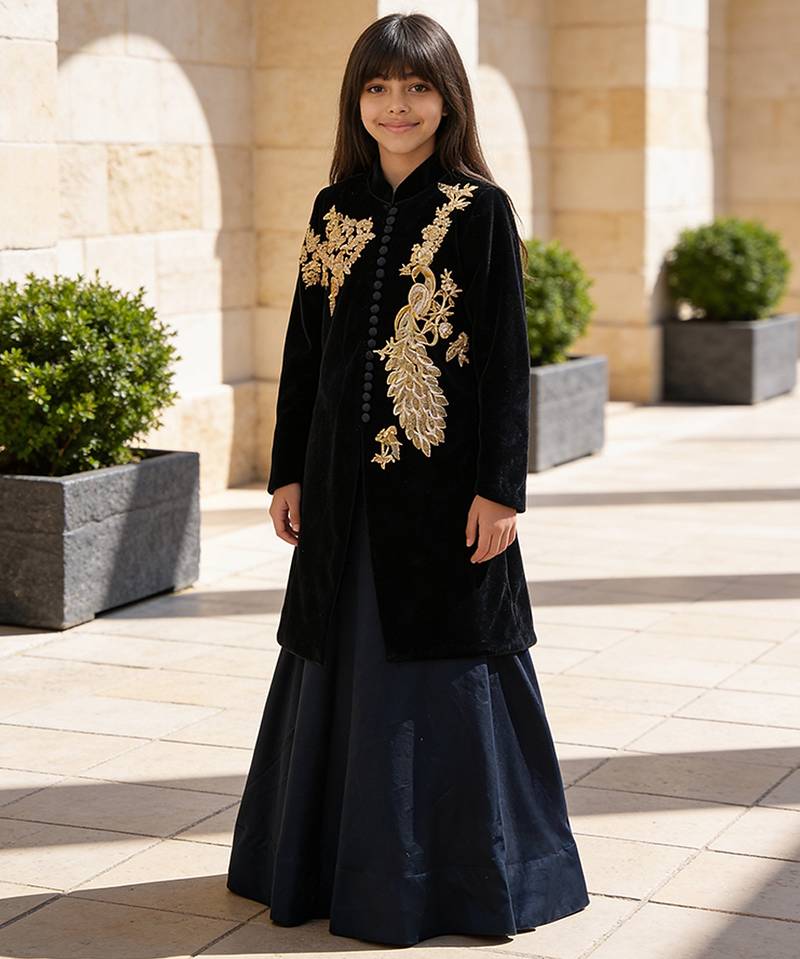 Blue Embroidered Velvet Lehenga Set