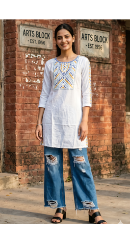 Women's Rayon Ethnic Detailed Heavy Embroidered Short Kurti | Rayon Embroidered Solid White Short Kurti For Womens 1