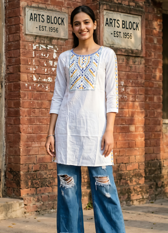 Women's Rayon Ethnic Detailed Heavy Embroidered Short Kurti | Rayon Embroidered Solid White Short Kurti For Womens