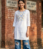 Women's Rayon Ethnic Detailed Heavy Embroidered Short Kurti | Rayon Embroidered Solid White Short Kurti For Womens