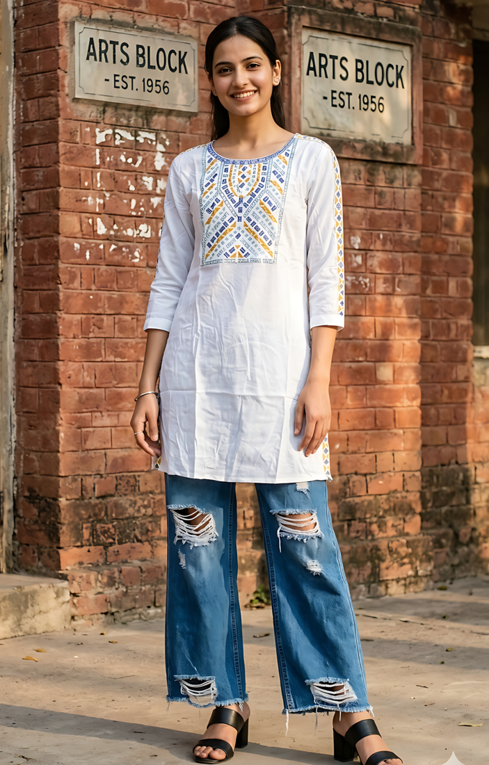 Women's Rayon Ethnic Detailed Heavy Embroidered Short Kurti | Rayon Embroidered Solid White Short Kurti For Womens