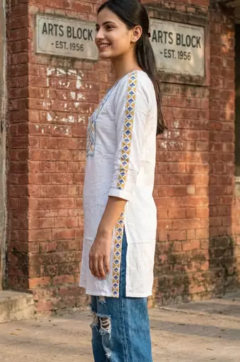 Women's Rayon Ethnic Detailed Heavy Embroidered Short Kurti | Rayon Embroidered Solid White Short Kurti For Womens