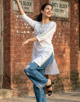 Women's Rayon Ethnic Detailed Heavy Embroidered Short Kurti | Rayon Embroidered Solid White Short Kurti For Womens