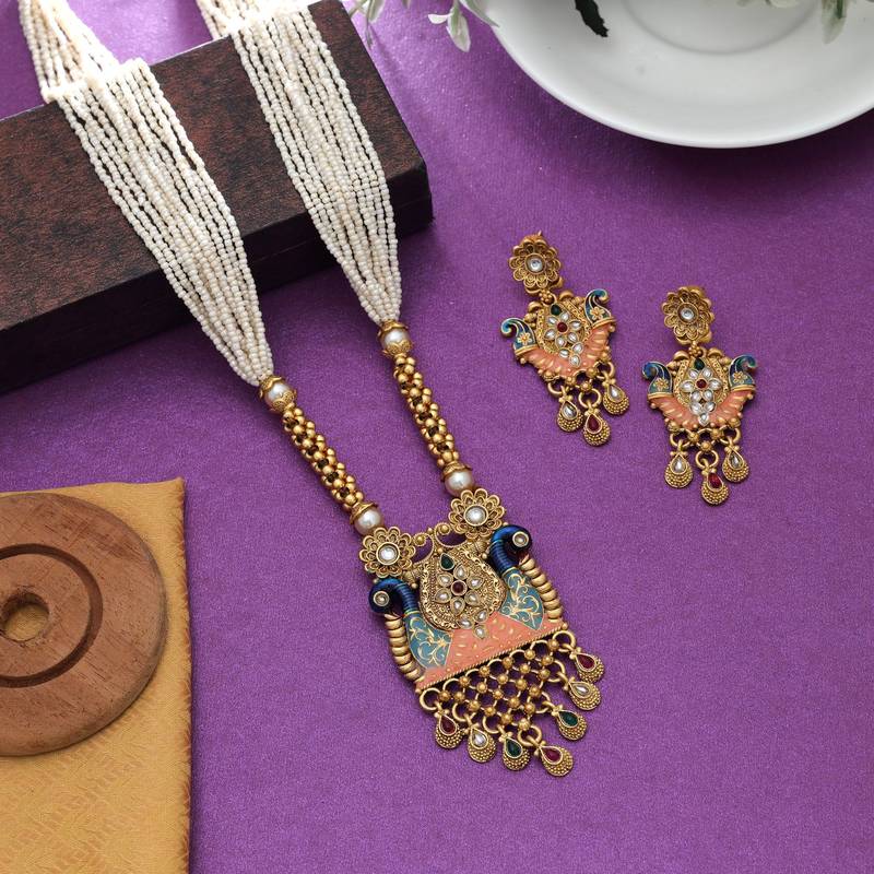 Multi color meena work matte gold necklace set