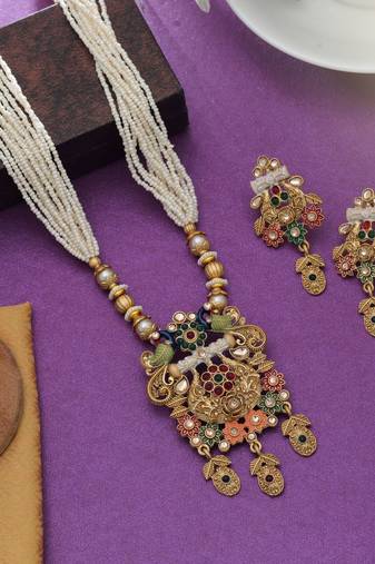 Multi color mint meena work matte gold necklace set