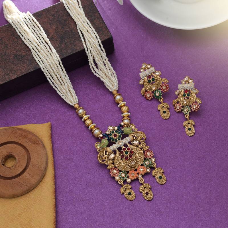 Multi color mint meena work matte gold necklace set