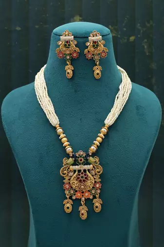 mint meena kundan matte gold necklace set
