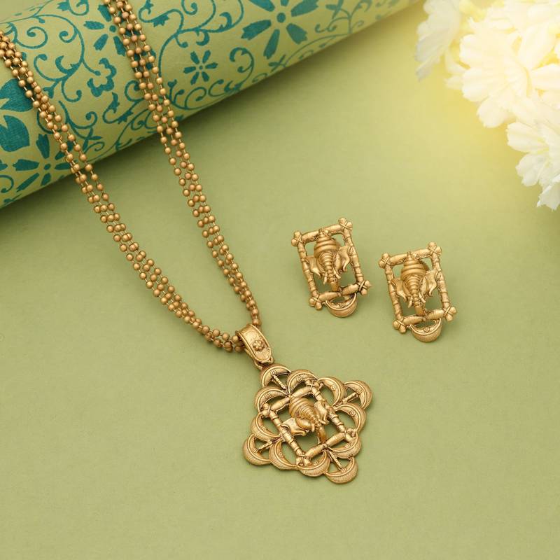 Gold color lord ganesha matte gold necklace set