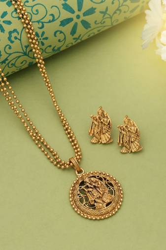 Gold color lord radha krishna matte gold necklace set
