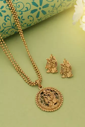 Gold color lord radha krishna matte gold necklace set