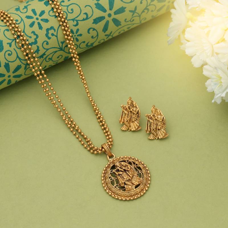 Gold color lord radha krishna matte gold necklace set