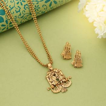 matte gold radha krishna temple pendant necklace set 1