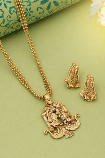 Gold color lord radha krishna matte gold necklace set