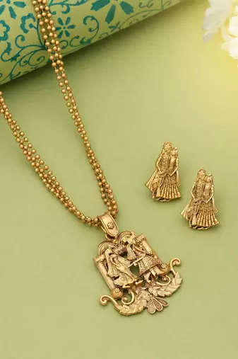 Gold color lord radha krishna matte gold necklace set