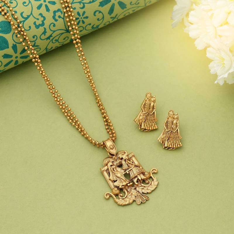 Gold color lord radha krishna matte gold necklace set
