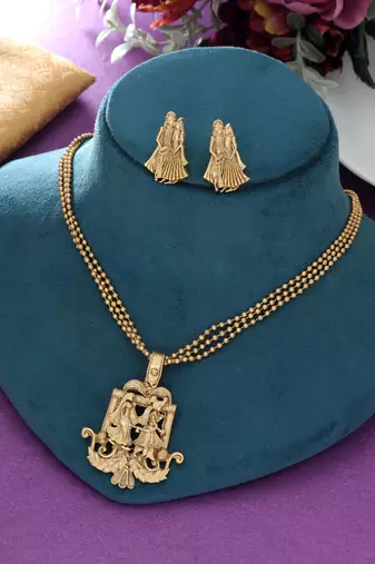 matte gold radha krishna temple pendant necklace set