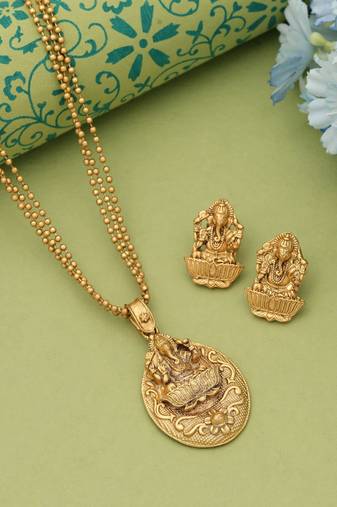 Gold color lord ganesha matte gold necklace set