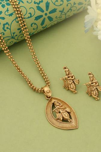Gold color lord krishna matte gold necklace set