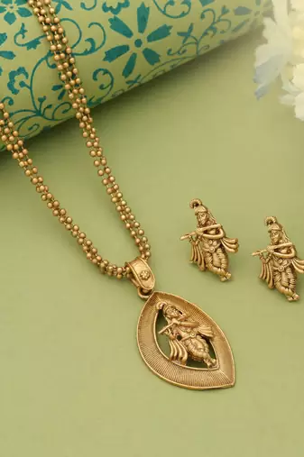 Gold color lord krishna matte gold necklace set