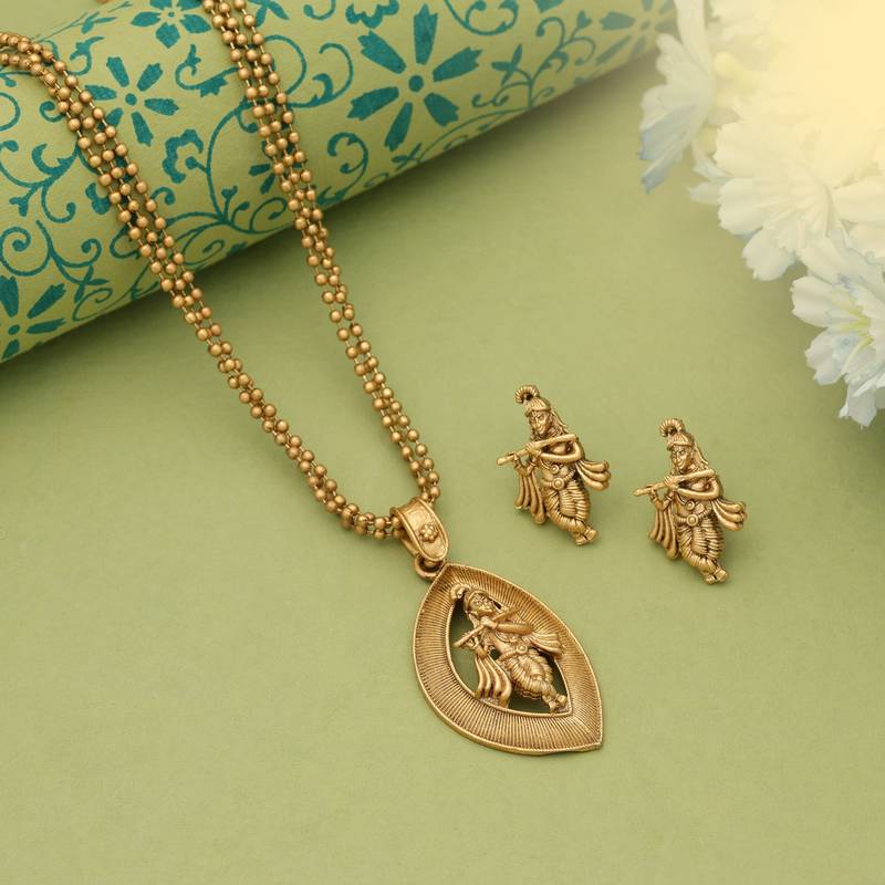 Gold color lord krishna matte gold necklace set