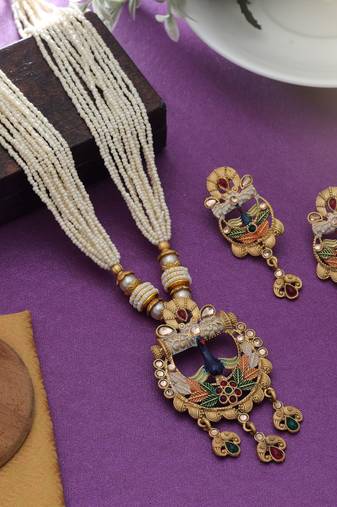 Multi color mint meena work matte gold necklace set